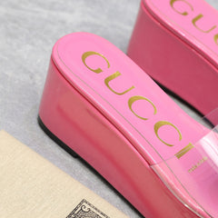 HIGH WEDGE PLATFORM WITH DOUBLE G IN PINK GLOSSY CALFSKIN