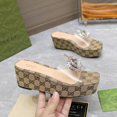 HIGH WEDGE PLATFORM IN CAMEL BEIGE CANVAS WITH DOUBLE CRYSTAL G BUCKLE