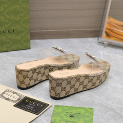 HIGH WEDGE PLATFORM IN CAMEL BEIGE CANVAS WITH DOUBLE CRYSTAL G BUCKLE