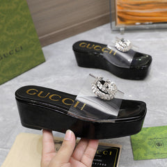 HIGH WEDGE PLATFORM IN BLACK GLOSSY CALFSKIN WITH DOUBLE CRYSTAL G BUCKLE