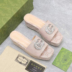 HIGH WEDGE PLATFORM WITH DOUBLE G IN ALMOND BEIGE CANVAS