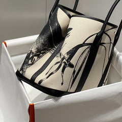 GARDEN PARTY 36 IN BEIGE AND BLACK TOILE H CANVAS BLACK CALFSKIN HORSE TACK SKETCH PRINT