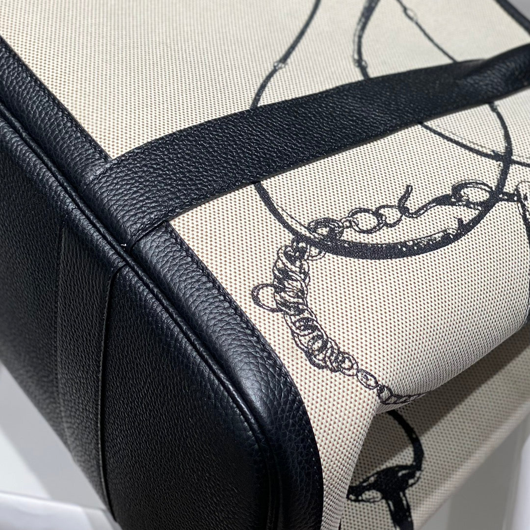 GARDEN PARTY 36 IN BEIGE AND BLACK TOILE H CANVAS BLACK CALFSKIN HORSE TACK SKETCH PRINT