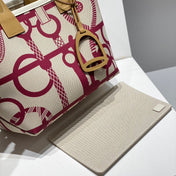 STEEPLE 28 BAG IN OFF-WHITE MIX PERSIAN PLUM RED CANVAS AND BROWN SWIFT LEATHER