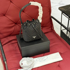 STUDDED DRAWSTRING BUCKET BAG 20 IN BLACK RE-NYLON MIX CALFSKIN
