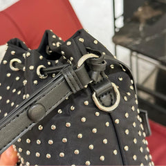 STUDDED DRAWSTRING BUCKET BAG 20 IN BLACK RE-NYLON MIX CALFSKIN