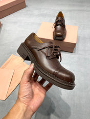 MIUMIU 26S LACE-UP LOAFERS IN CHOCOLATE BROWN GRAINED CALFSKIN