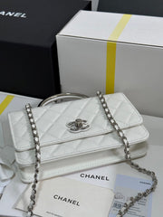 FLAP BAG WITH SILVER-TONE HANDLE 19 IN WHITE CAVIAR SKIN