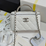 MINI VANITY TOP HANDLE CASE 17 IN WHITE CAVIAR SKIN SILVER-TONE PLATED METAL