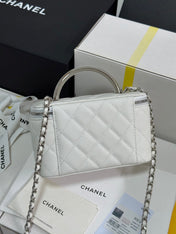 MINI VANITY TOP HANDLE CASE 17 IN WHITE CAVIAR SKIN SILVER-TONE PLATED METAL