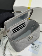 MINI VANITY TOP HANDLE CASE 17 IN GREY CAVIAR SKIN SILVER-TONE PLATED METAL