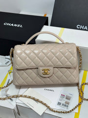 FLAP BAG WITH HANDLE 25 IN BEIGE LAMBSKIN GOLD PLATED METAL