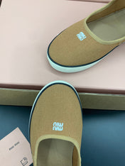 MIUMIU 26S MARY JANE FLATS IN CARAMEL BROWN CANVAS LOGO