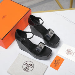 WEDGES SANDALS BLACK LAMBSKIN