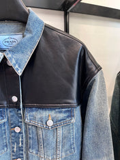 PRADA 25ST LEATHER JACKET WITH DENIM PATCHWORK 321
