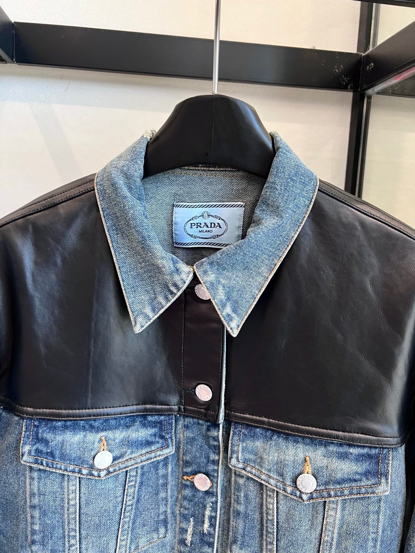 PRADA 25ST LEATHER JACKET WITH DENIM PATCHWORK 321