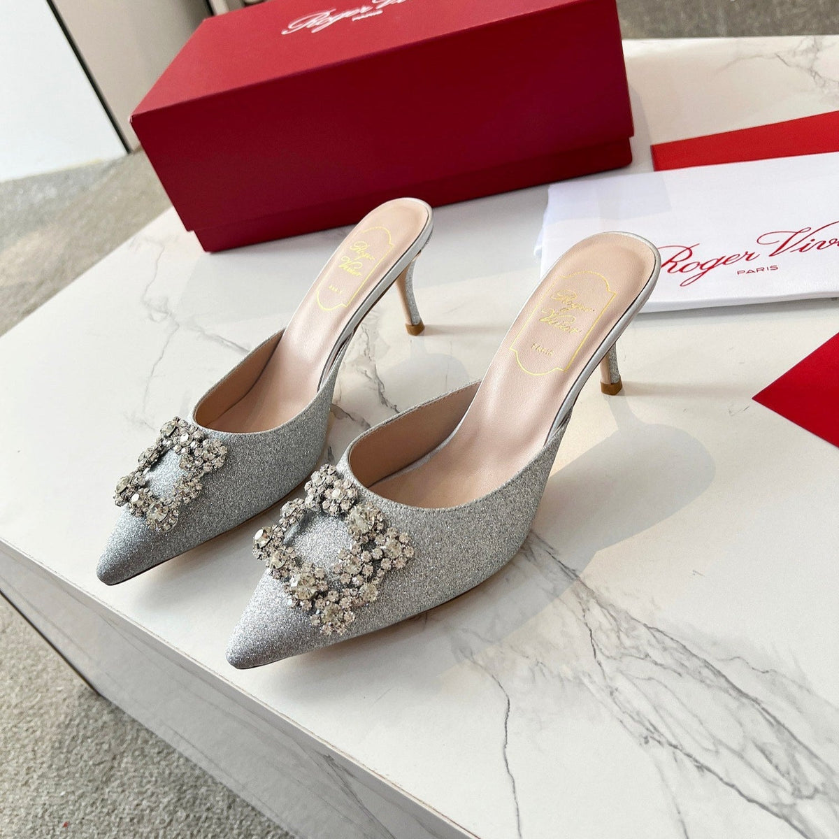 EFFLORESCENCE MULES IN SILVER SATIN EMBELLISHED GLITTER
