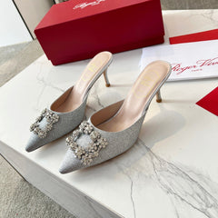EFFLORESCENCE MULES IN SILVER SATIN EMBELLISHED GLITTER