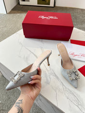 EFFLORESCENCE MULES IN SILVER SATIN EMBELLISHED GLITTER