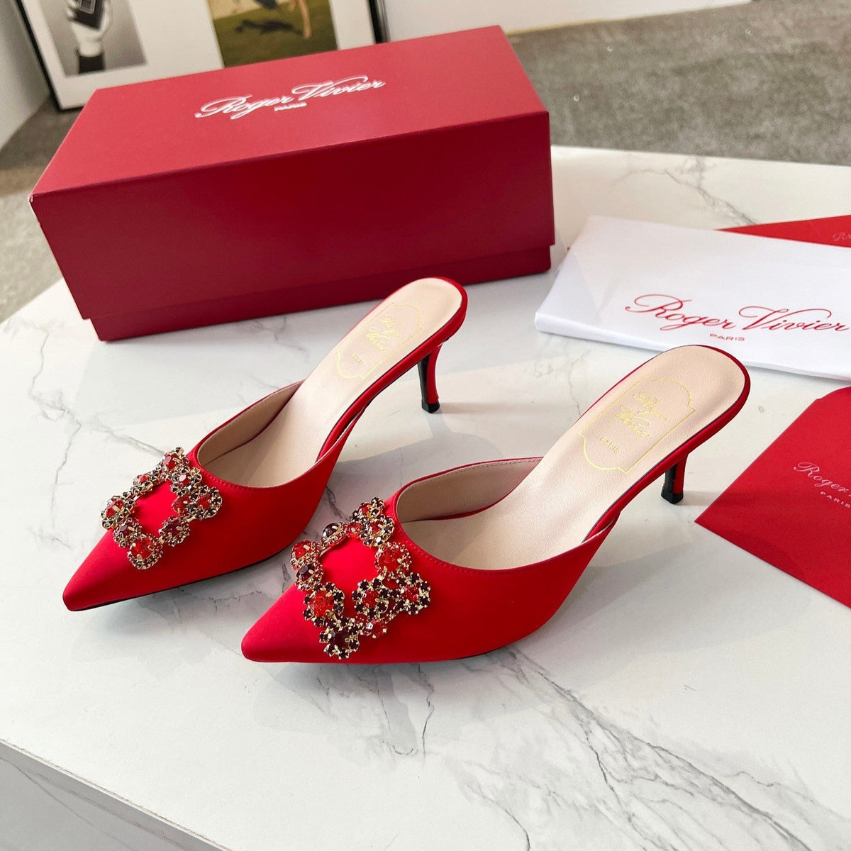 EFFLORESCENCE MULES IN RED SATIN