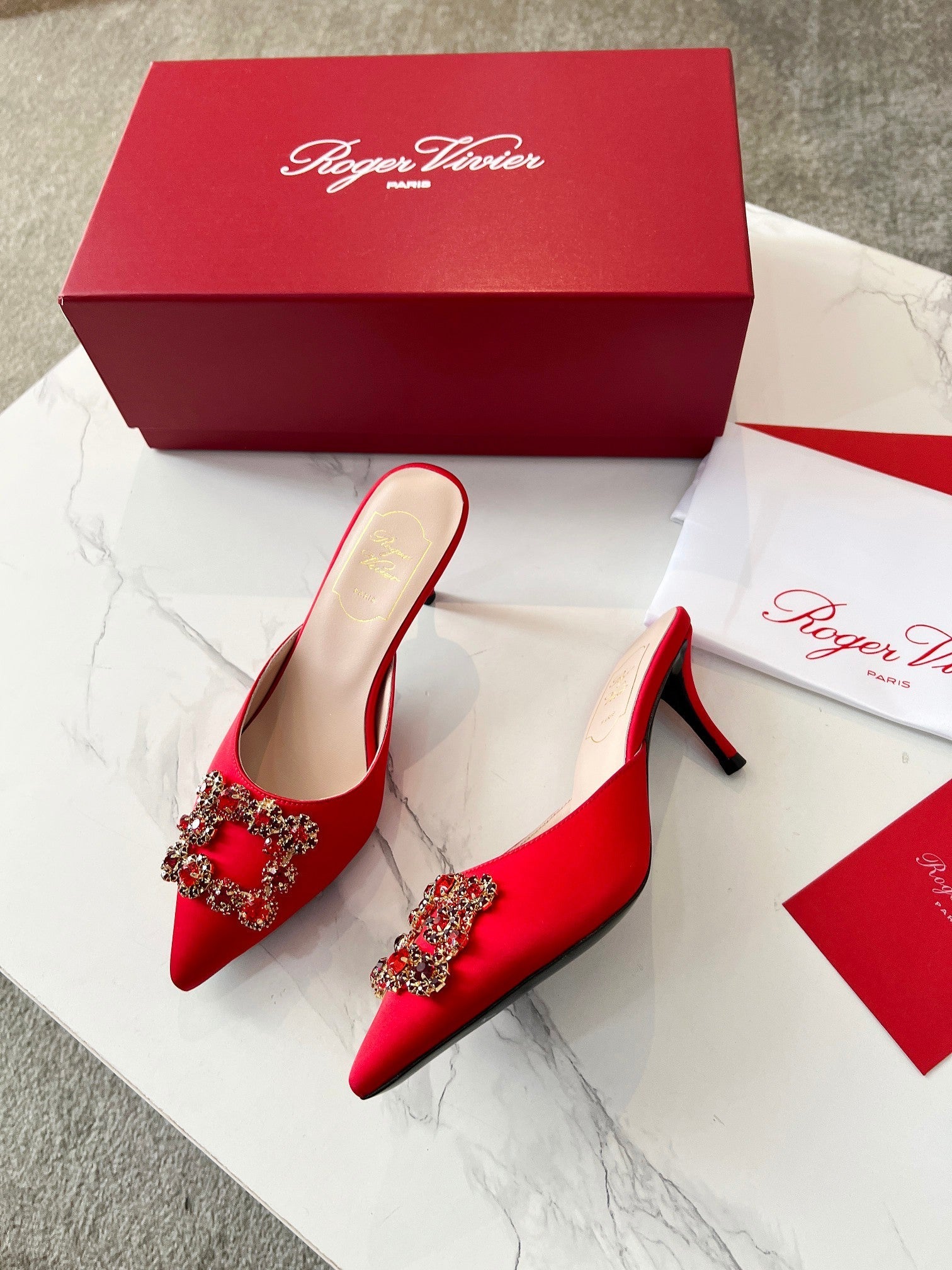 EFFLORESCENCE MULES IN RED SATIN