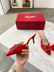 EFFLORESCENCE MULES IN RED SATIN