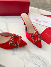 EFFLORESCENCE MULES IN RED SATIN