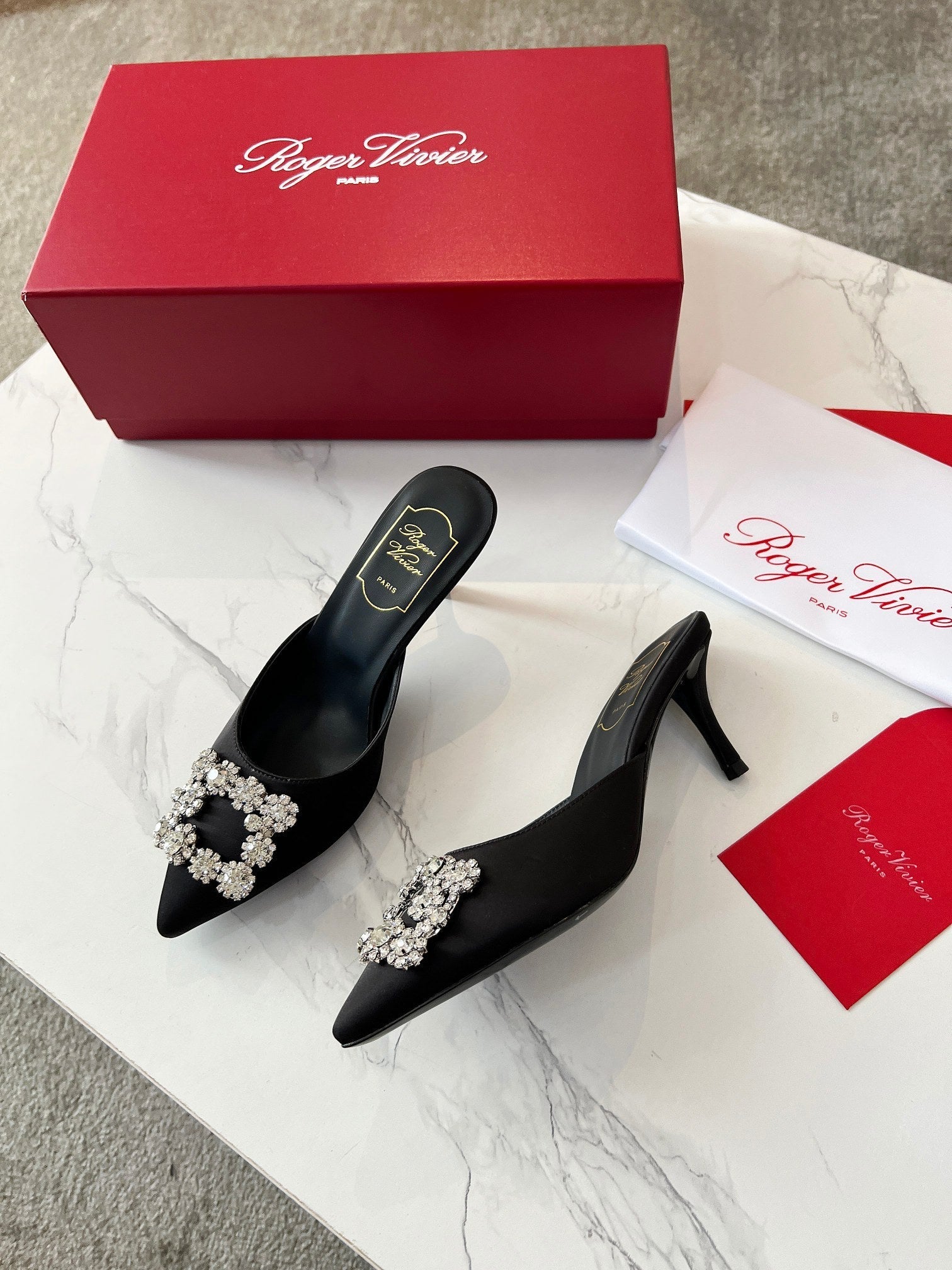 EFFLORESCENCE MULES IN BLACK SATIN