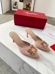 EFFLORESCENCE MULES IN LIGHT FAWN SATIN