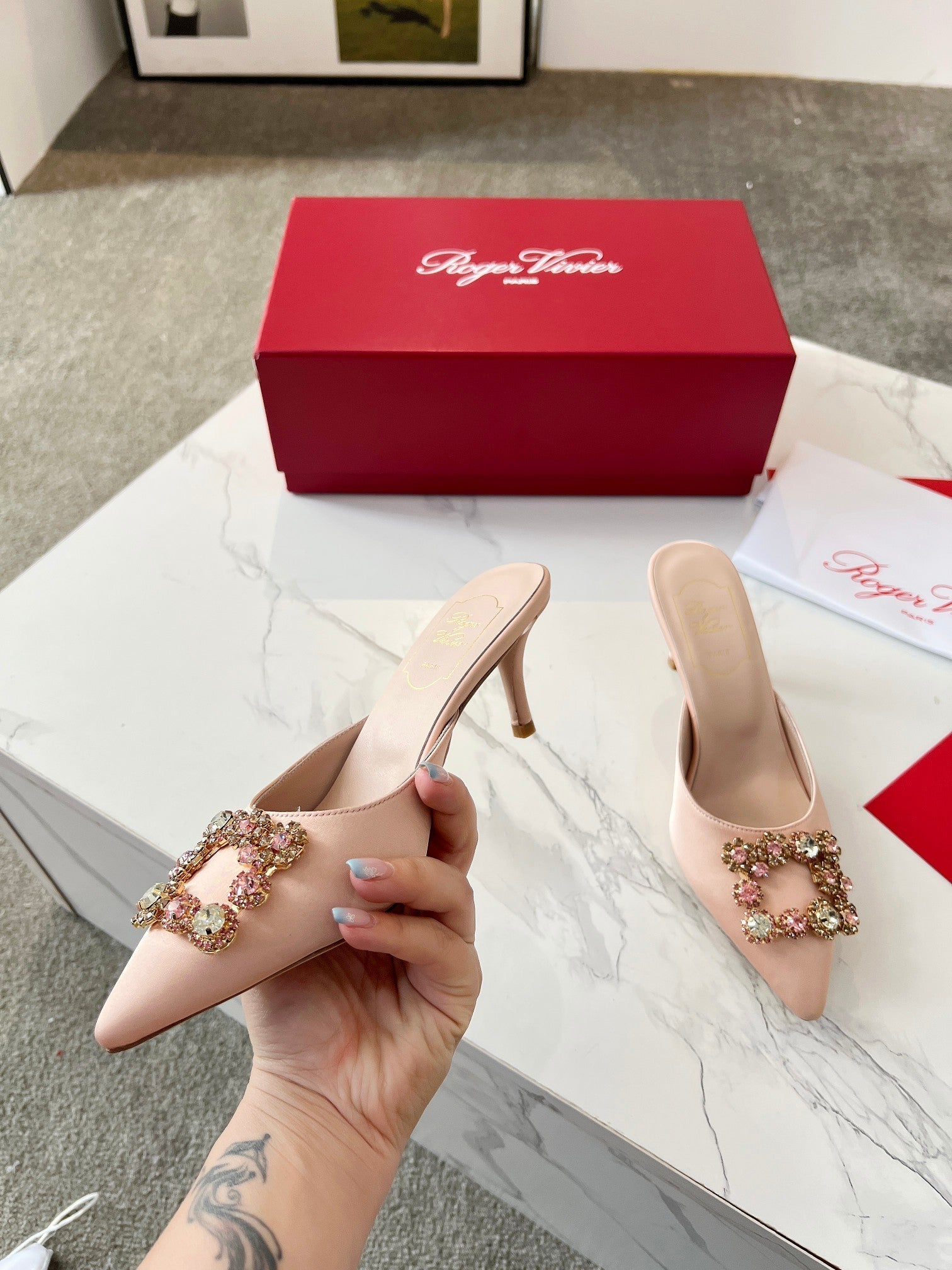 EFFLORESCENCE MULES IN LIGHT FAWN SATIN