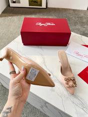 EFFLORESCENCE MULES IN LIGHT FAWN SATIN