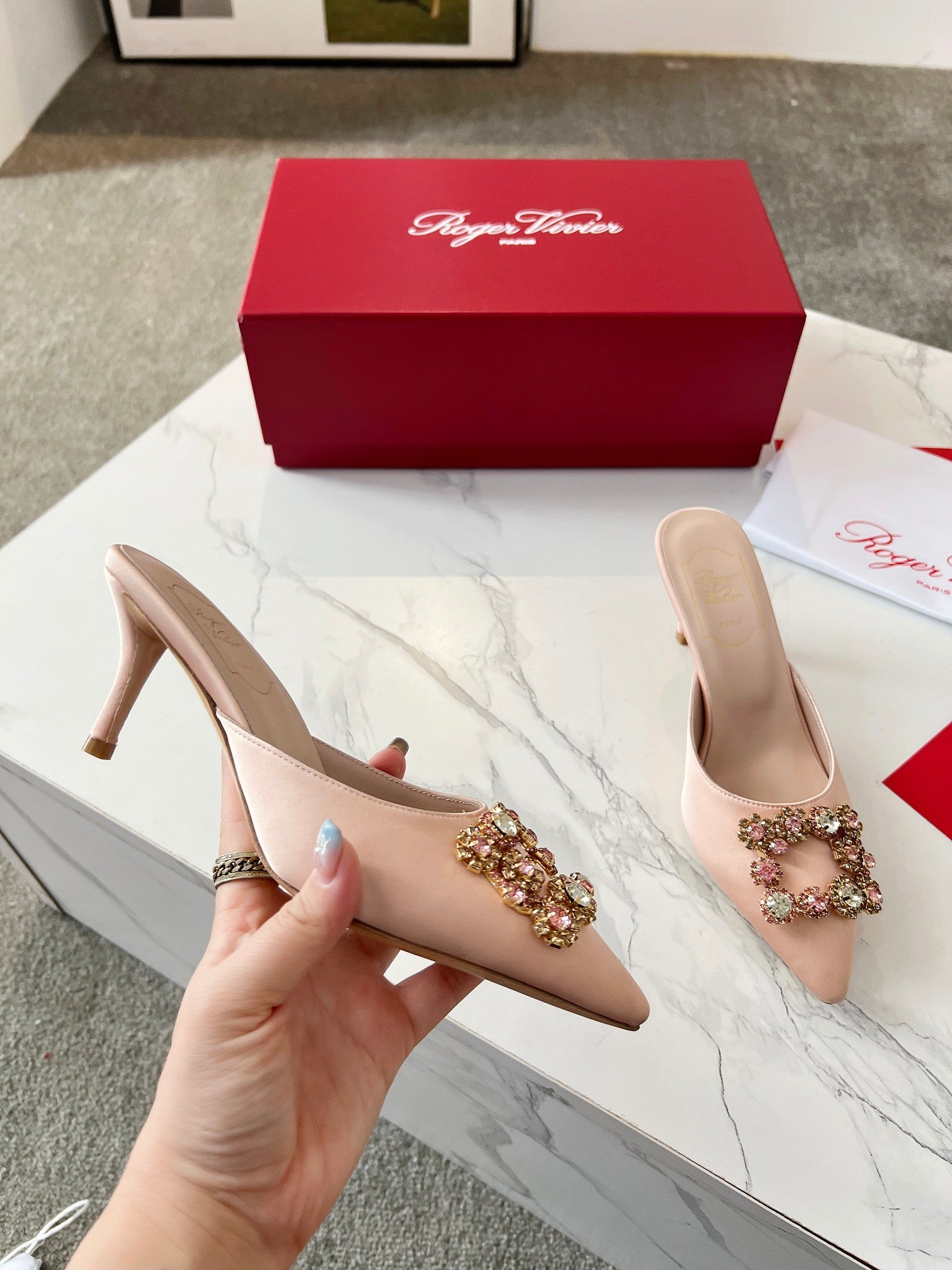 EFFLORESCENCE MULES IN LIGHT FAWN SATIN