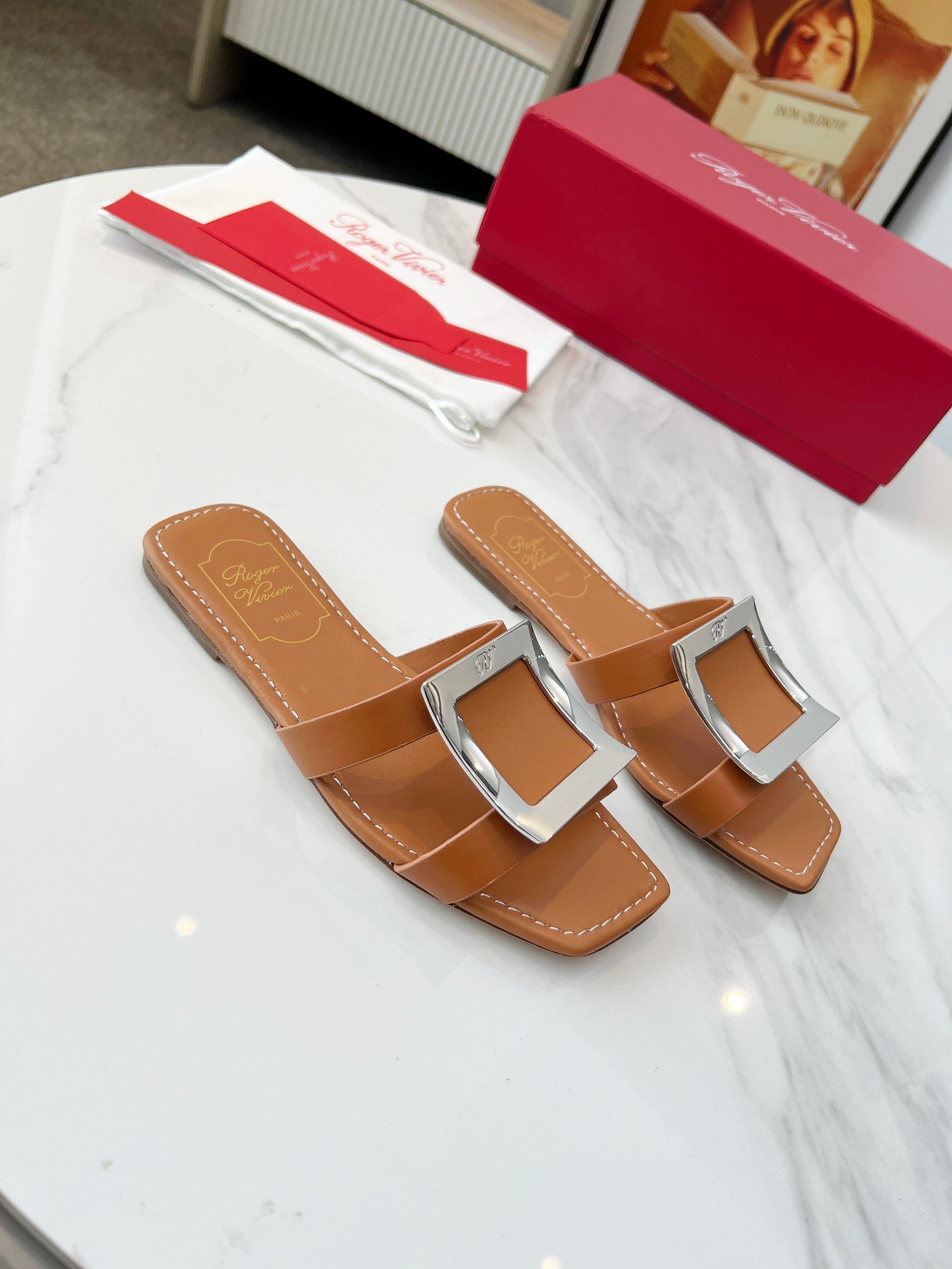 VIV' BY THE SEA MULES IN BRONZE BROWN CALFSKIN SILVER BUCKLE