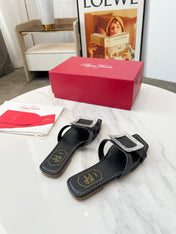 VIV' BY THE SEA MULES IN BLACK CALFSKIN CRYSTAL BUCKLE