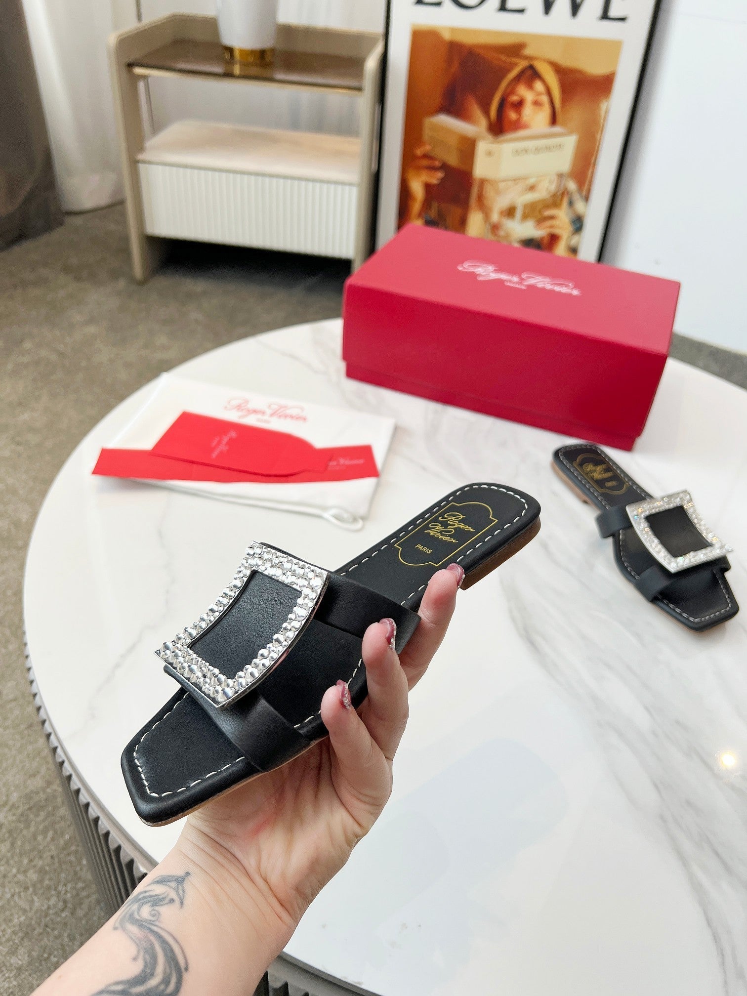 VIV' BY THE SEA MULES IN BLACK CALFSKIN CRYSTAL BUCKLE