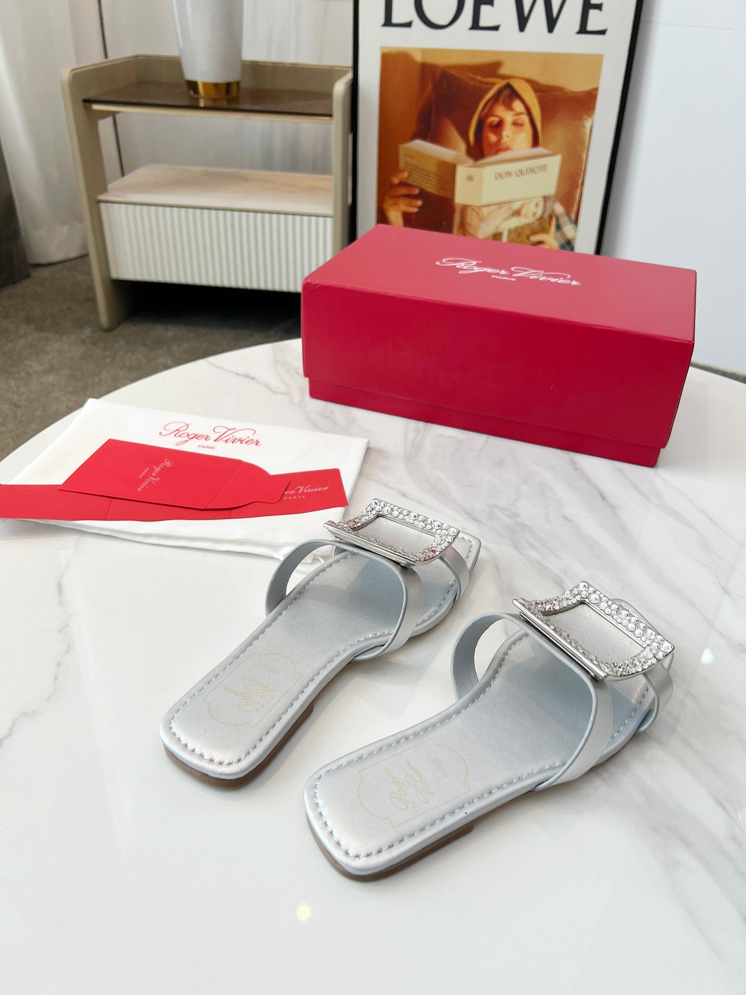 VIV' BY THE SEA MULES IN SILVER CALFSKIN CRYSTAL BUCKLE