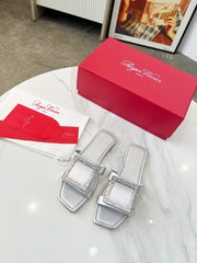 VIV' BY THE SEA MULES IN SILVER CALFSKIN CRYSTAL BUCKLE