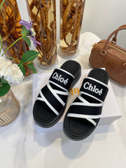 WOODY WEDGE SANDALS IN BLACK MIX WHITE CANVAS WITH RUBBER SOLE