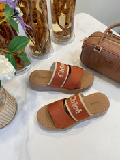 WOODY WEDGE SANDALS IN BRONZE BROWN CANVAS WITH CIDER BROWN RUBBER SOLE