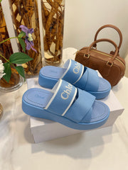 WOODY WEDGE SANDALS IN CERULEAN BLUE CANVAS WITH RUBBER SOLE