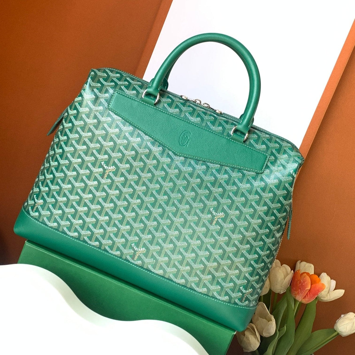 CISALPIN DOCUMENT CASE 39 IN GREEN GOYARDINE CANVAS AND CALFSKIN