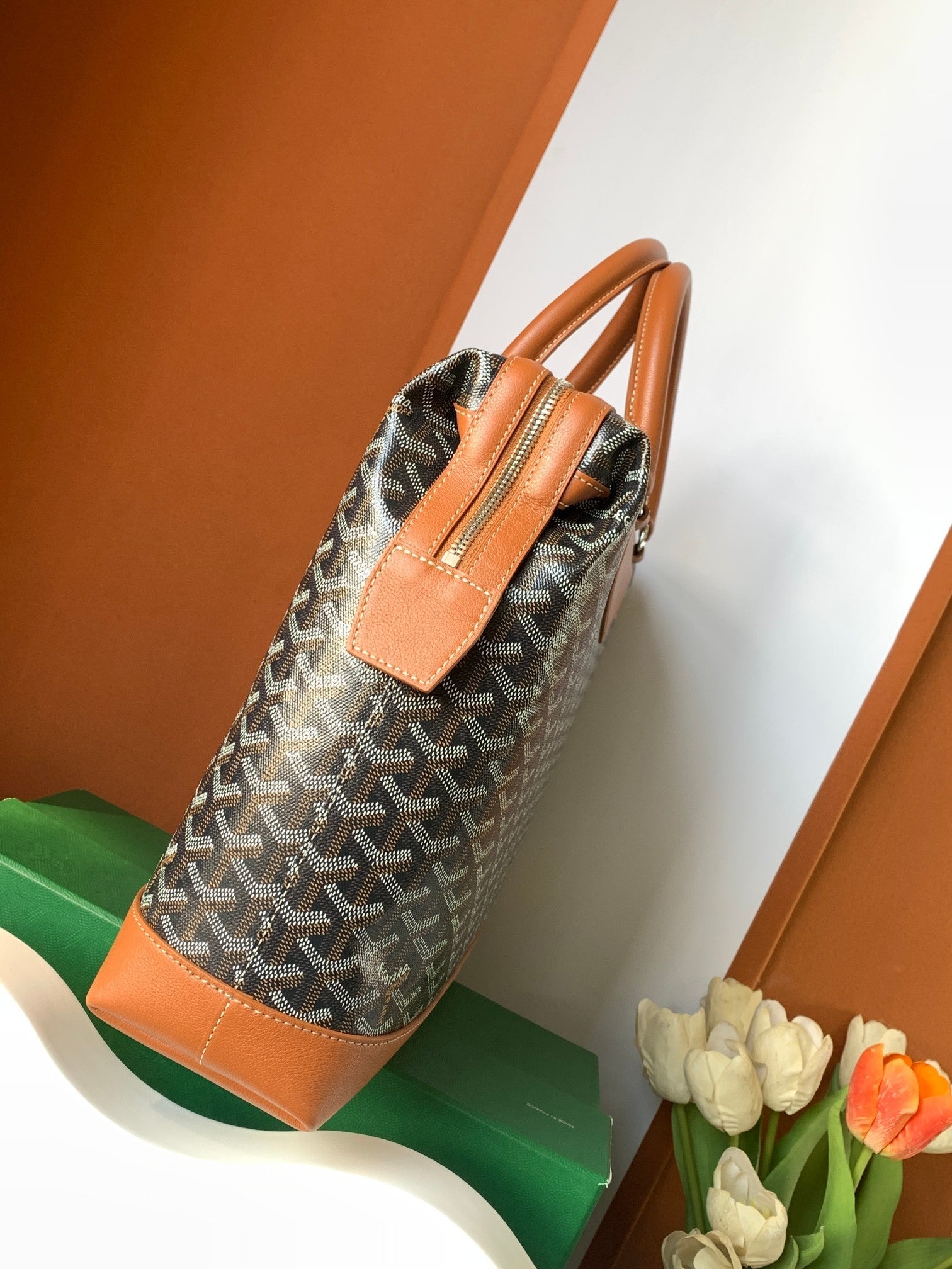 CISALPIN DOCUMENT CASE 39 IN BLACK GOYARDINE CANVAS AND TAN CALFSKIN