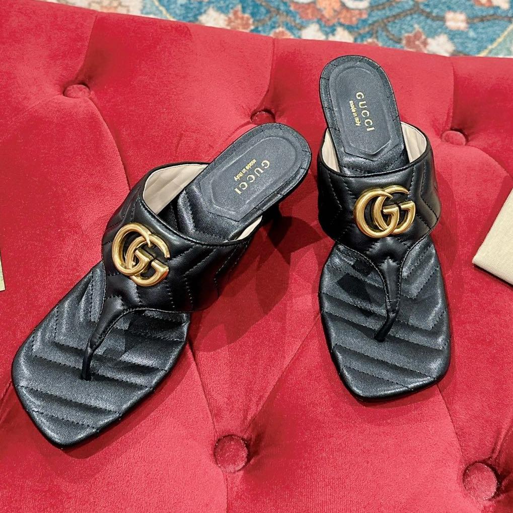 HIGH THONG MULE 55MM IN BLACK CALFSKIN WITH GOLD HARDWARE