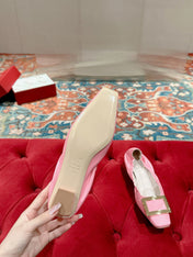 BELLE VIVIER BALLERINAS IN PINK SHINY LAMBSKIN GOLD PATENT SQUARE BUCKLE