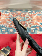 BELLE VIVIER BALLERINAS IN BLACK SHINY LAMBSKIN GOLD PATENT SQUARE BUCKLE