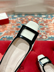 TROMPETTE BALLERINAS IN WHITE SHINY CALFSKIN BLACK SQUARE BUCKLE