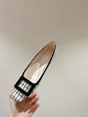 TROMPETTE BALLERINAS IN WHITE TWEED WITH BLACK STRIPES