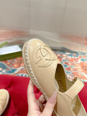 GG CROSS STRAP FLAT SHOES IN BEIGE CALFSKIN WITH STRAW SOLE