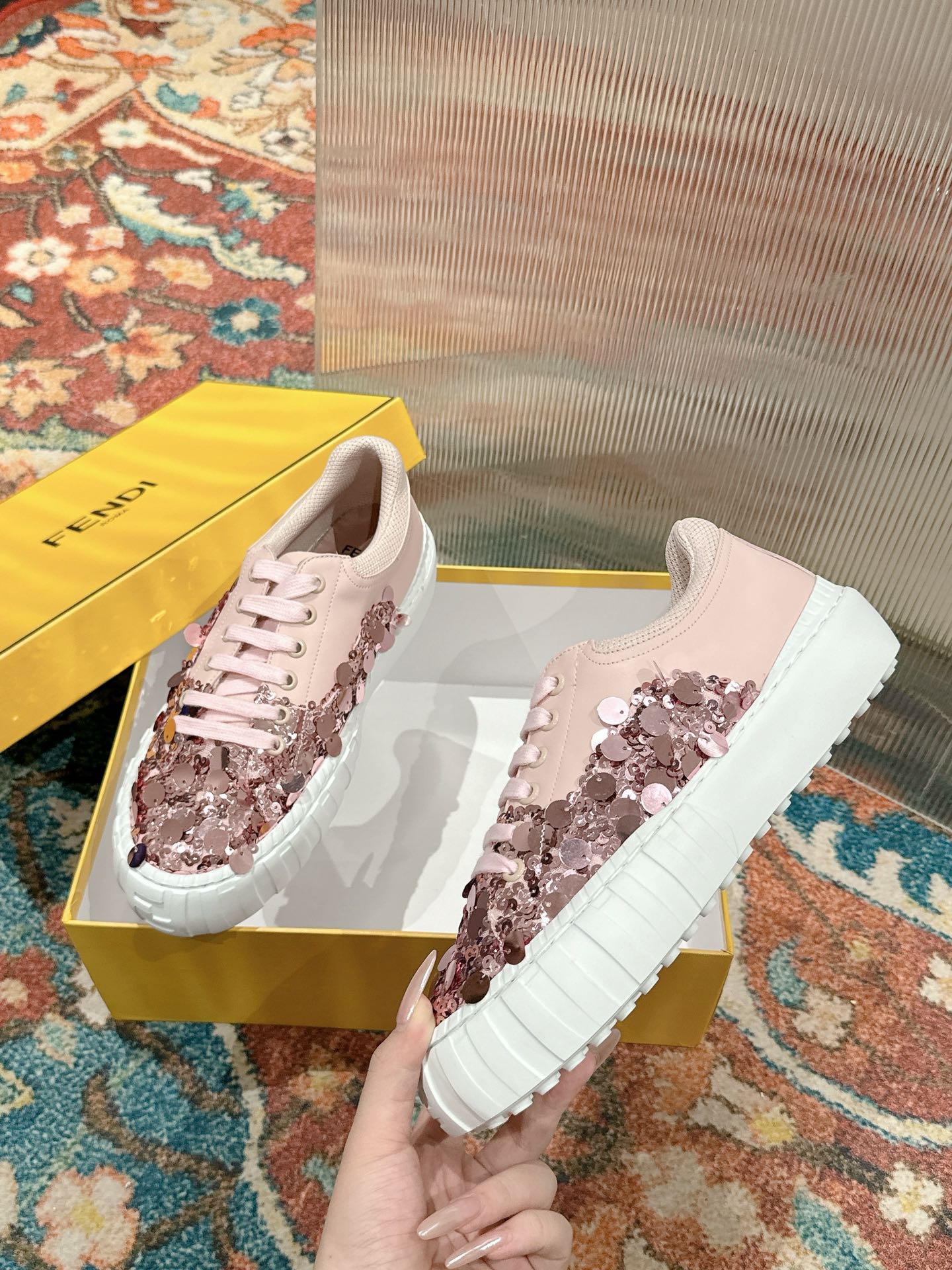 RUNWAY SEQUIN CASUAL SHOES IN CREPE PINK CALFSKIN