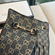 HORSEBIT GLOVES IN STONE BLUE MONOGRAM JACQUARD FABRIC MIX BLACK SHEEPSKIN 456333